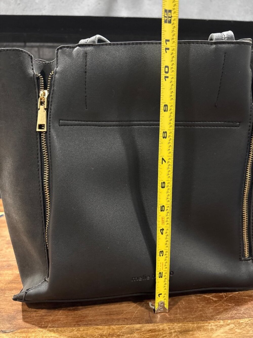 Melie Bianco Black Faux Leather Tote Bag With Gold Zippers & Shoulder Strap READ - Picture 8 of 9